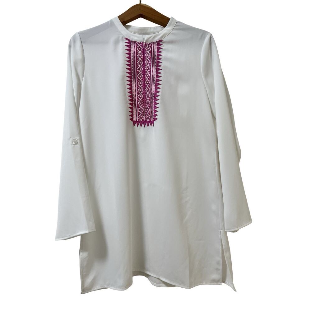 Mott 50 Womens Embroidered Long Sleeve Swim‎ Cover Up Dress Size M White UPF 50